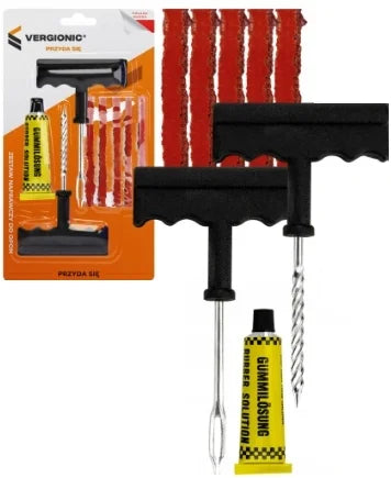 Zestaw naprawczy do opon Vergionic - zawartość zestawu z narzędziami